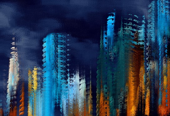 Mitternachts wolkenkratzer. Stadttürme im abstrakten Stil